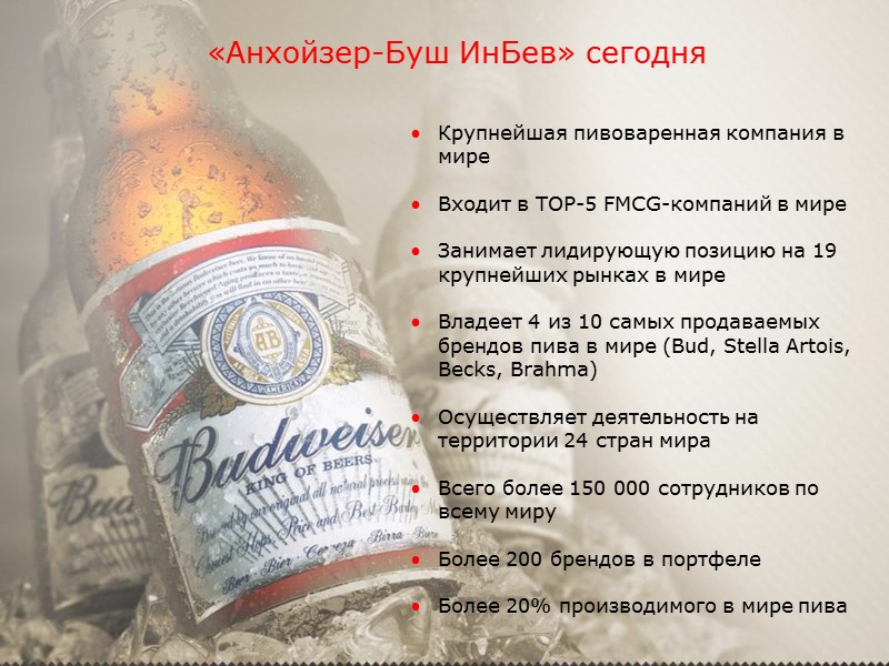 Крупнейшая пивоваренная компания в мире Входит в TOP-5 FMCG-компаний в мире Занимает лидирующую позицию